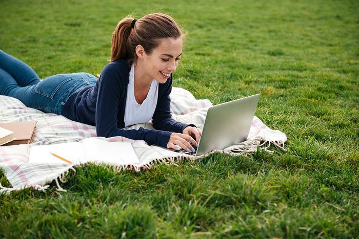 快乐的少女躺在外面草地上的毯子上，在笔记本电脑上打字.